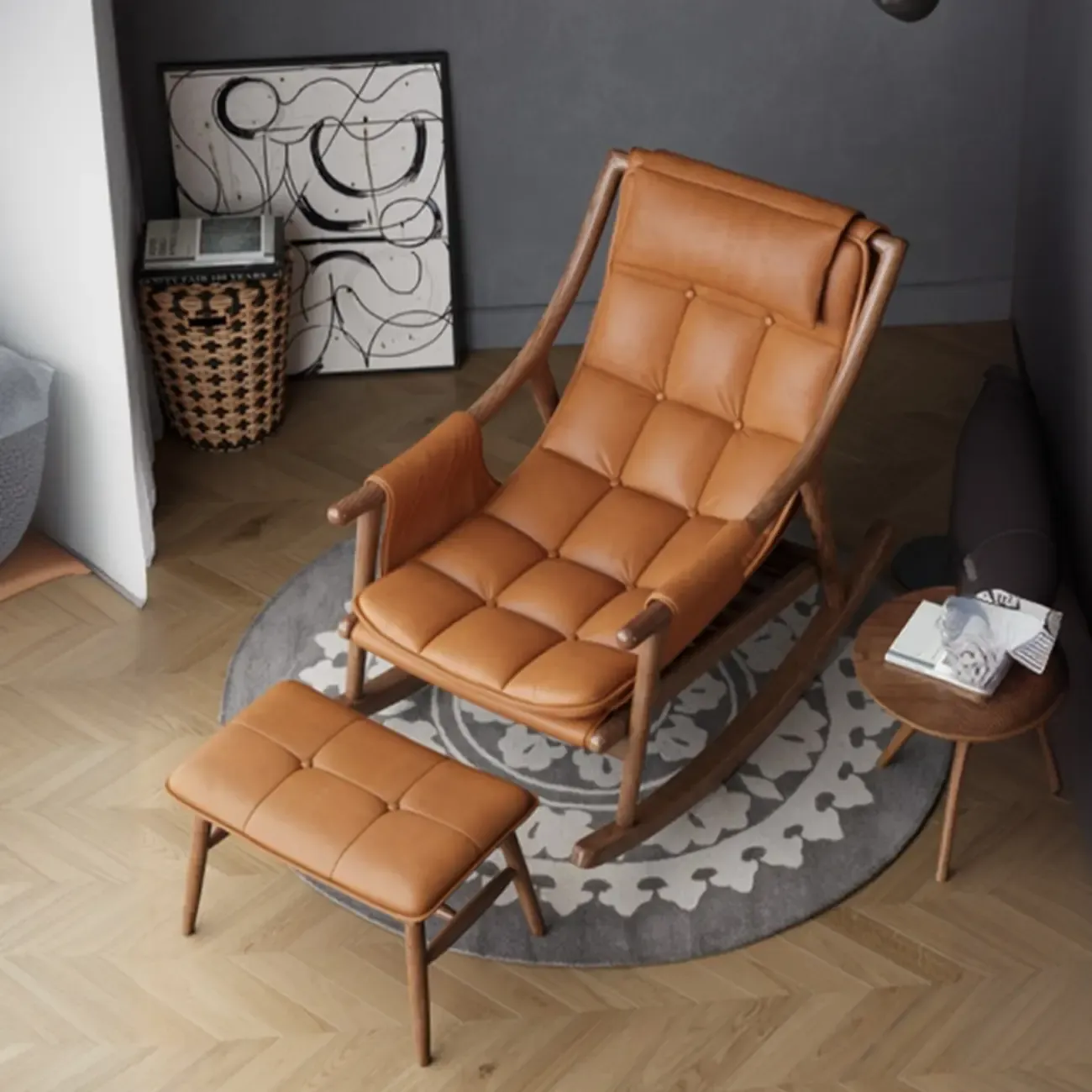Modern Wood Nappa Upholstered Rocking Chair with Footstool