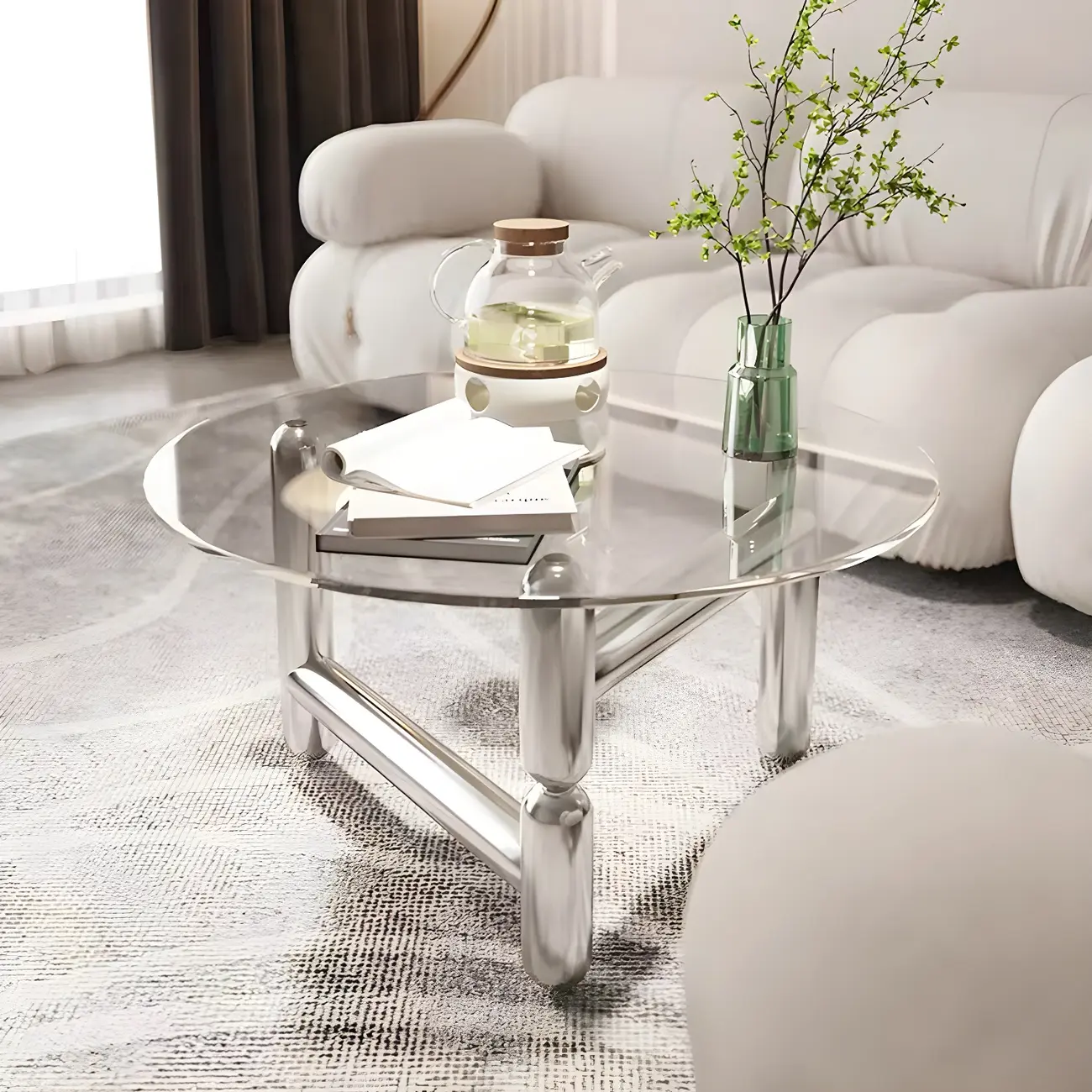 Round Glass Top Coffee Table with Stainless Steel Base