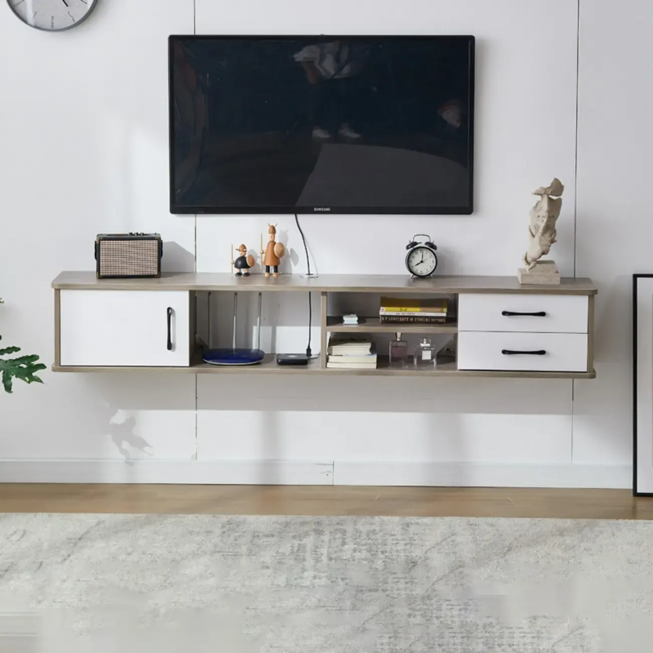59 Grey Wooden Open Shelf Floating TV Stand with Drawers