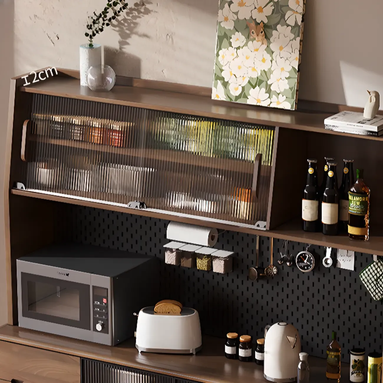 Kitchen Brown Wooden Hutch Top Sideboards with Pegboard Back