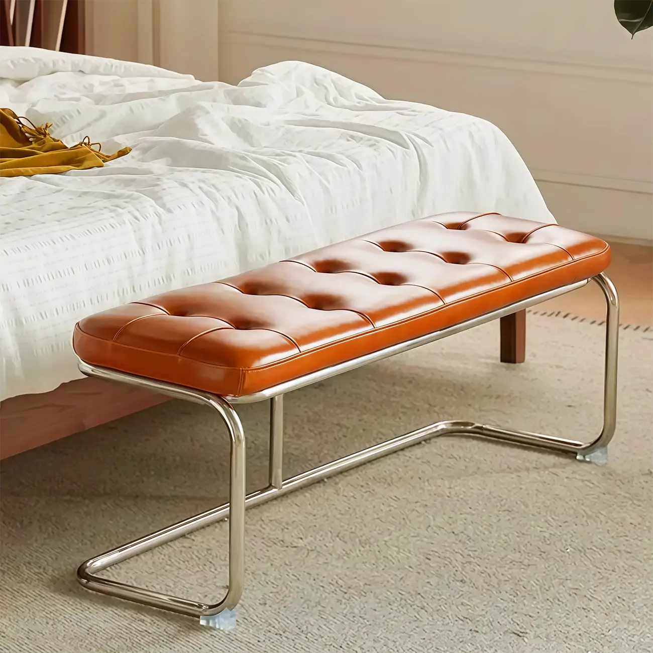 Modern Rectangular Cushioned Leather Bedroom Bench