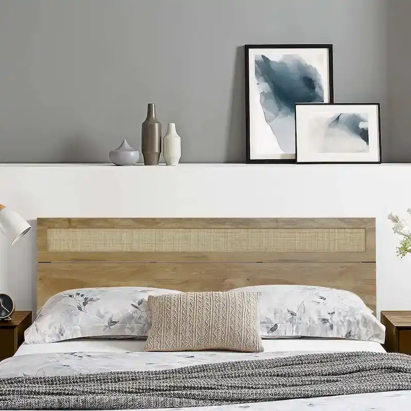 Oak Finish Manufactured Wood with Natural Rattan Top Headboard, King or Queen