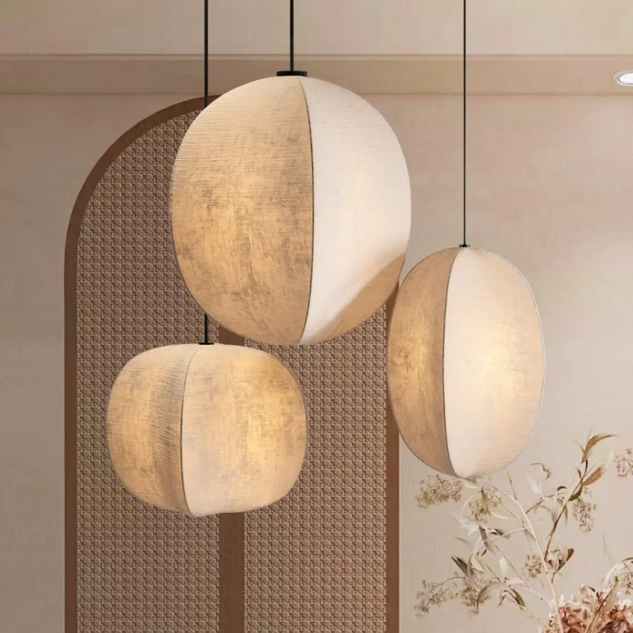 Modern Beige Fabric Geometric Pendant Light Adjustable Height