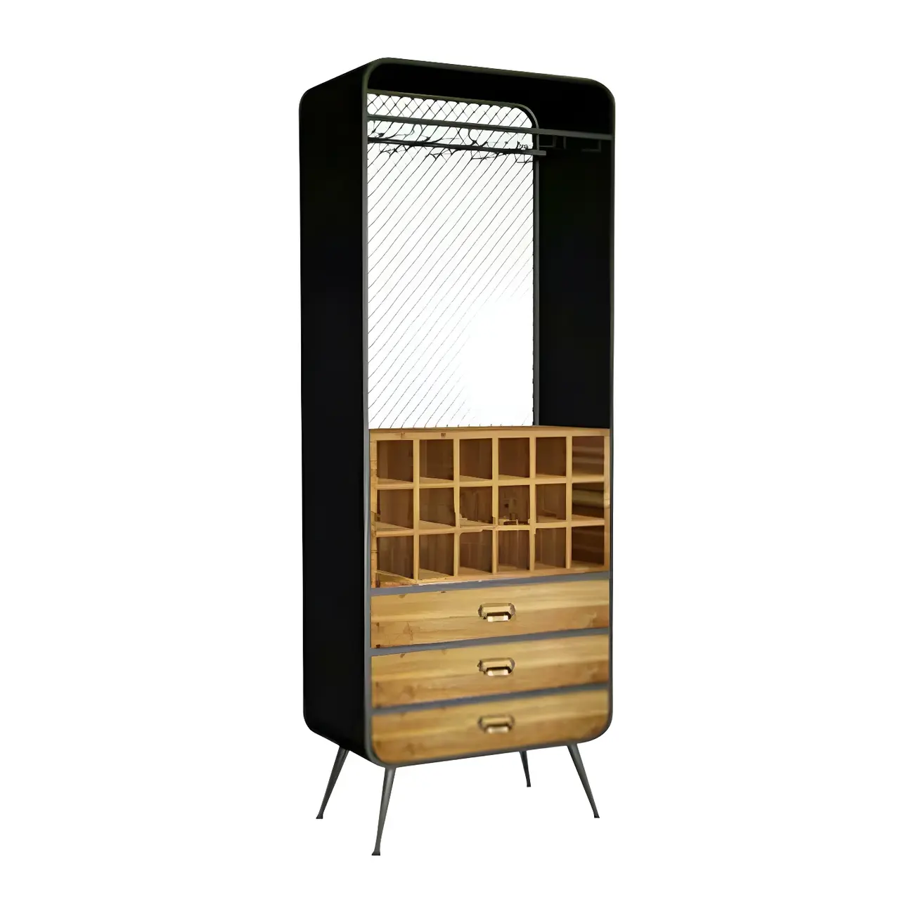 Industrial Brown Wood Wine Rack with Glass Holder and Drawers