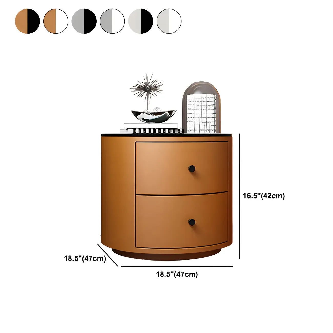 Modern Faux Leather Round Bedside Table with Two Drawers in Grey