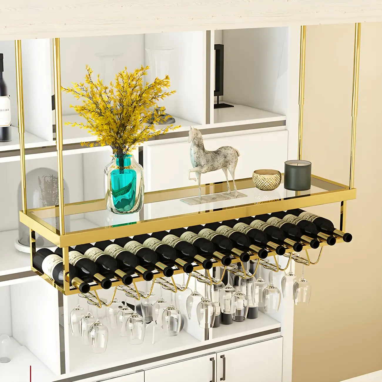 Modern Metal Hanging Wine Rack with Glass Holder