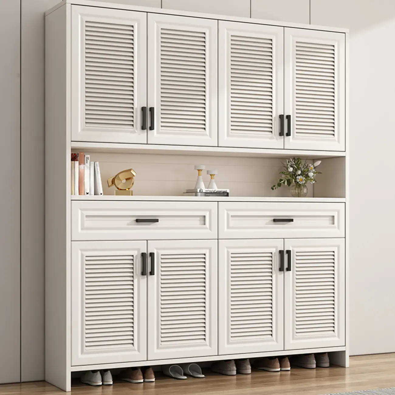 79H Entryway White Metal Shoe Cabinet with Drawers