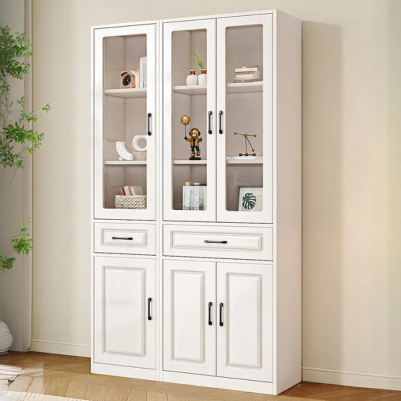 Rectangular White Wood Vertical Display Bookcase with Drawers