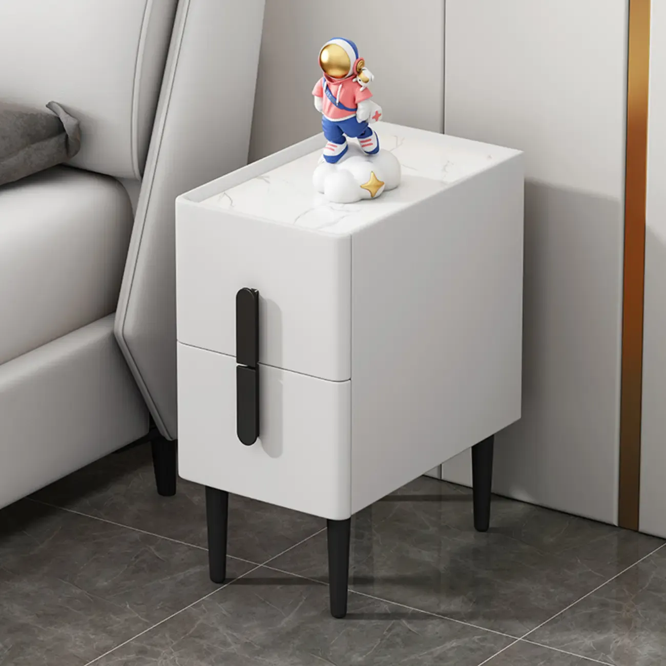 Trendy Gray Bedside 2-Drawer Nightstand with Stone Top