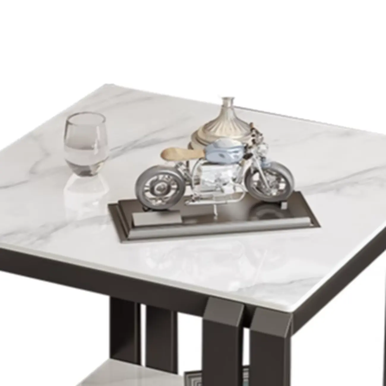 Gold-Black 2-Tier Stone Top Square Metal Frame Side Table