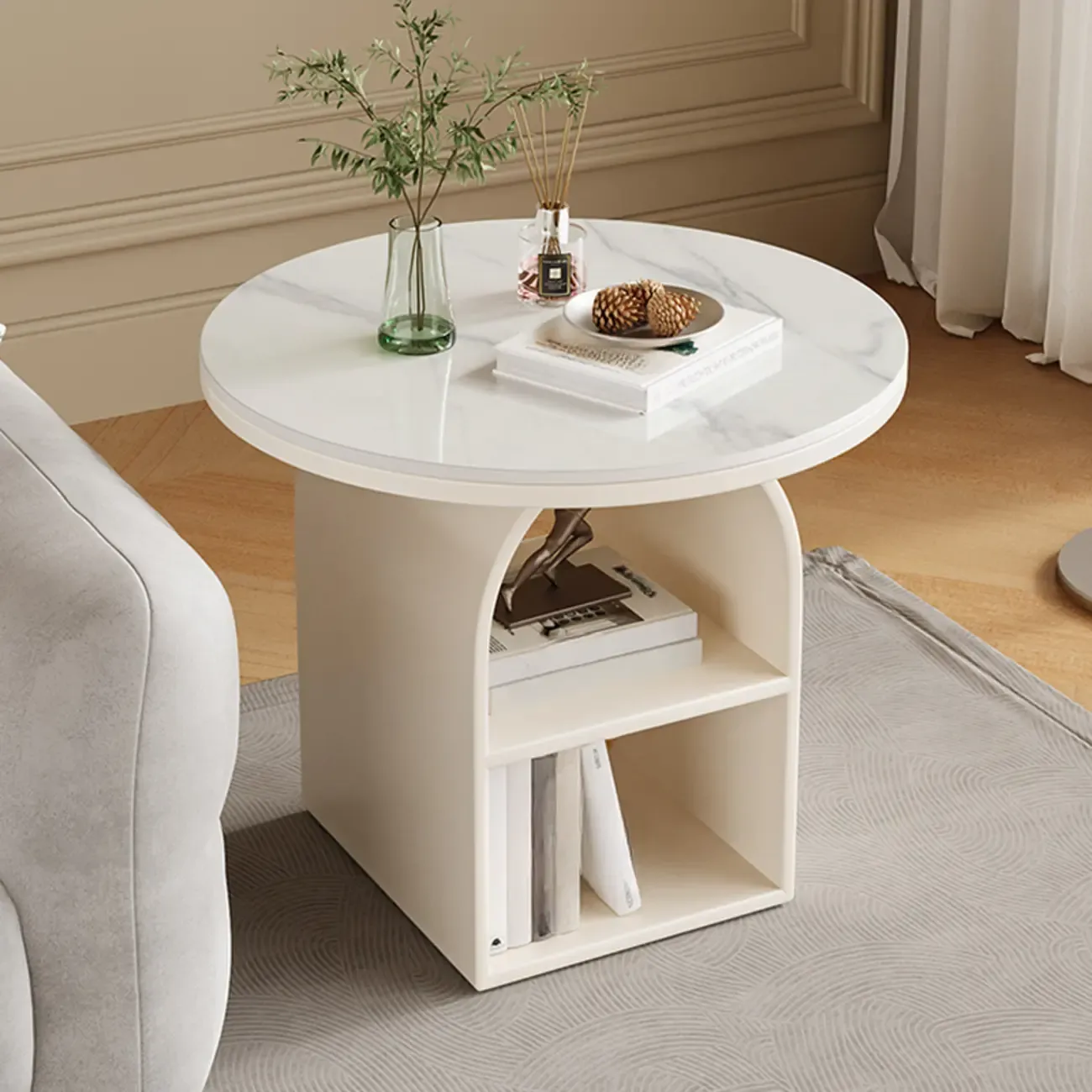 Modern Geometric Sintered Stone White 3-Tier Chairside Table