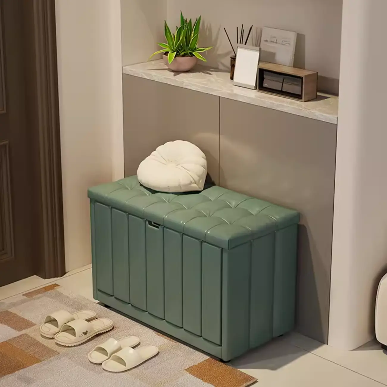 Adjustable Shelves Drop Front Wood Cushioned Shoe Bench