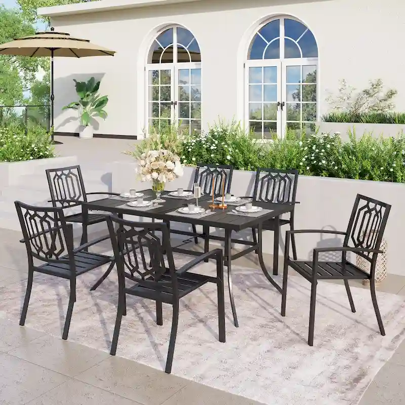 MAISON ARTS Patio Dining Set 7 Piece Metal Rectangle Patio Table with 2.6  Umbrella Hole and 6 Metal Dining Chairs, Black