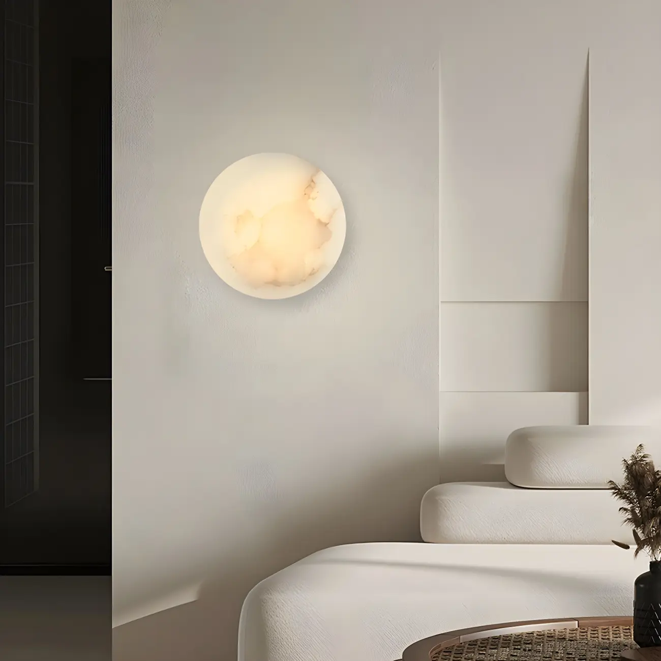 Contemporary LED Round Beige Stone Wall Sconce