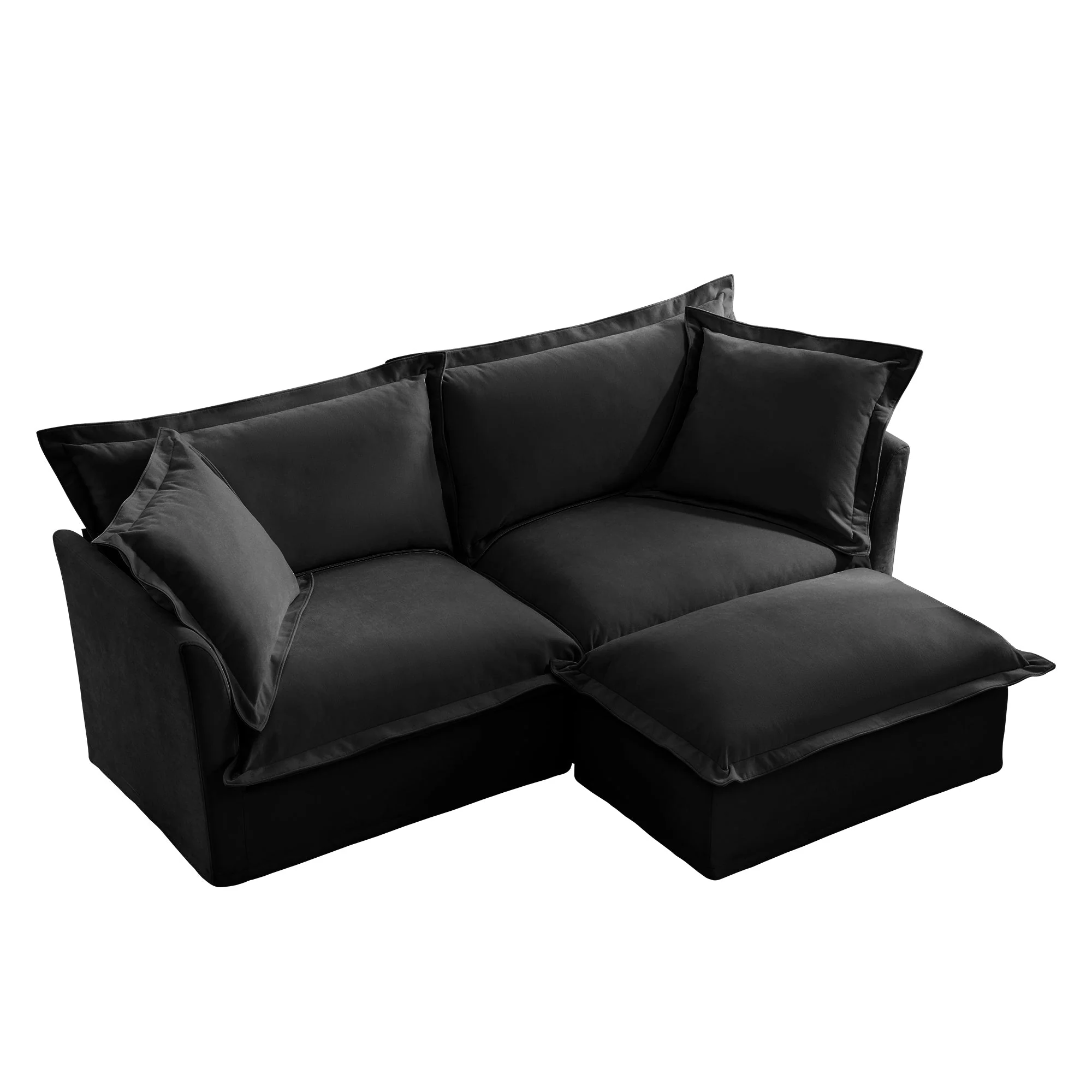 Walker Edison | Wide Deep Seat Slipcovered Black Loveseat Sofa with Ottoman