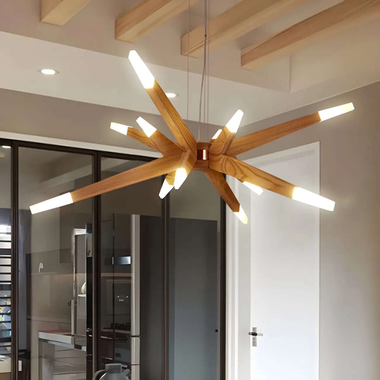 Wooden Starburst LED Chandelier Modern Minimalist Design