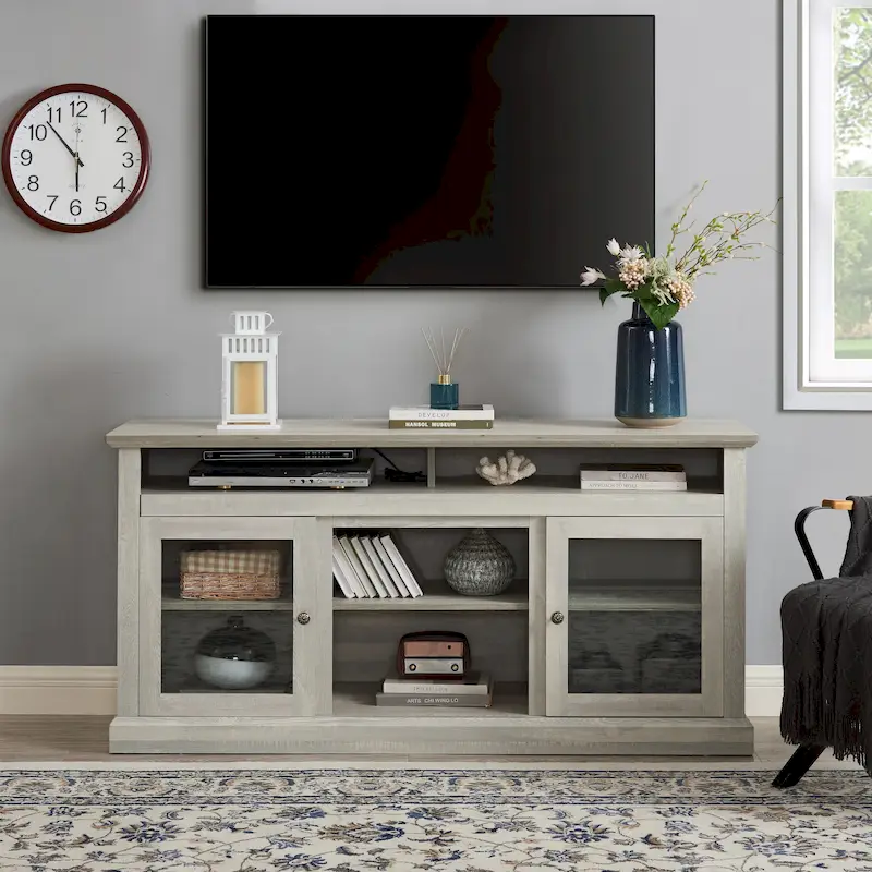 Stone Gray 60 TV Stand with Cable Management, Glass Doors, and Adjustable Shelves for TVs Up to 65