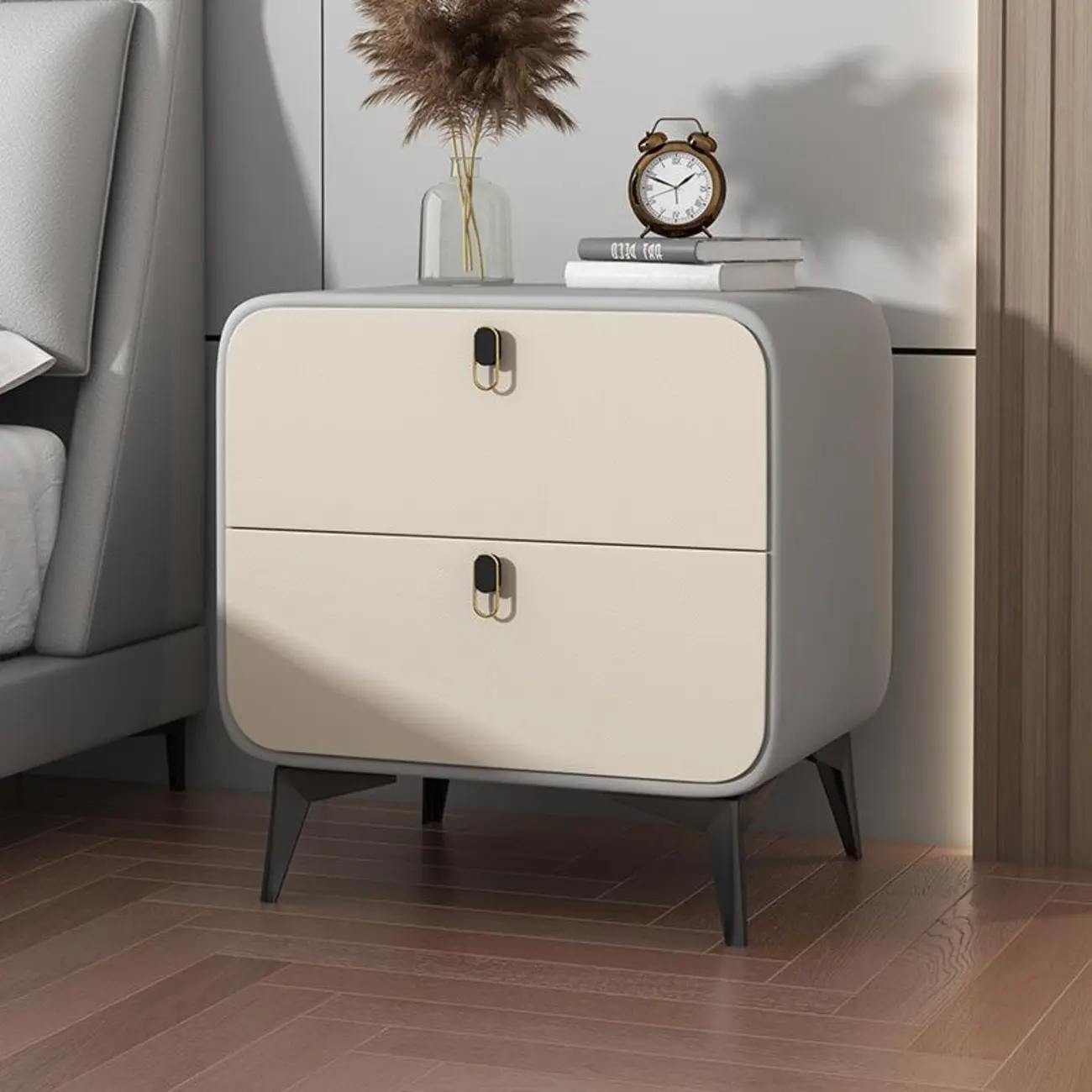 Scandinavian Leather 2 Drawers Wood Nightstand
