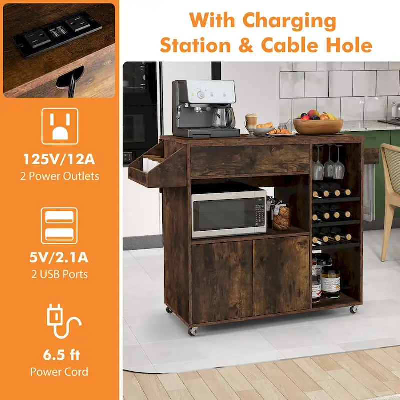 Gymax Kitchen Island Cart w/ Drop-Leaf & Power Outlet Microwave Shelf