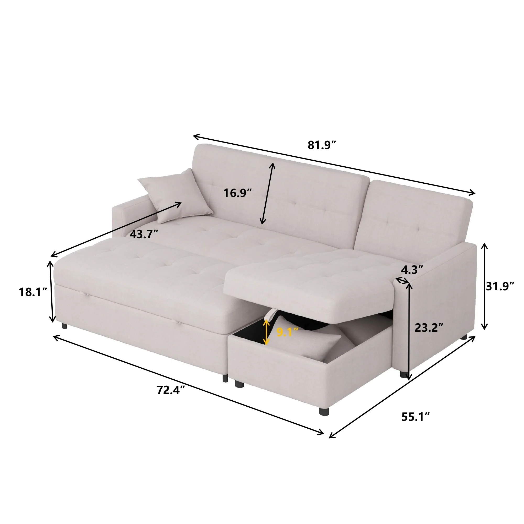 82'' Wide Reversible Sleeper Sofa & Chaise