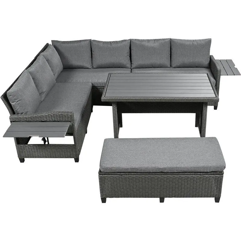 5-Piece L-Shaped Patio Rattan Sofa Set with 2 Extendable Side Tables