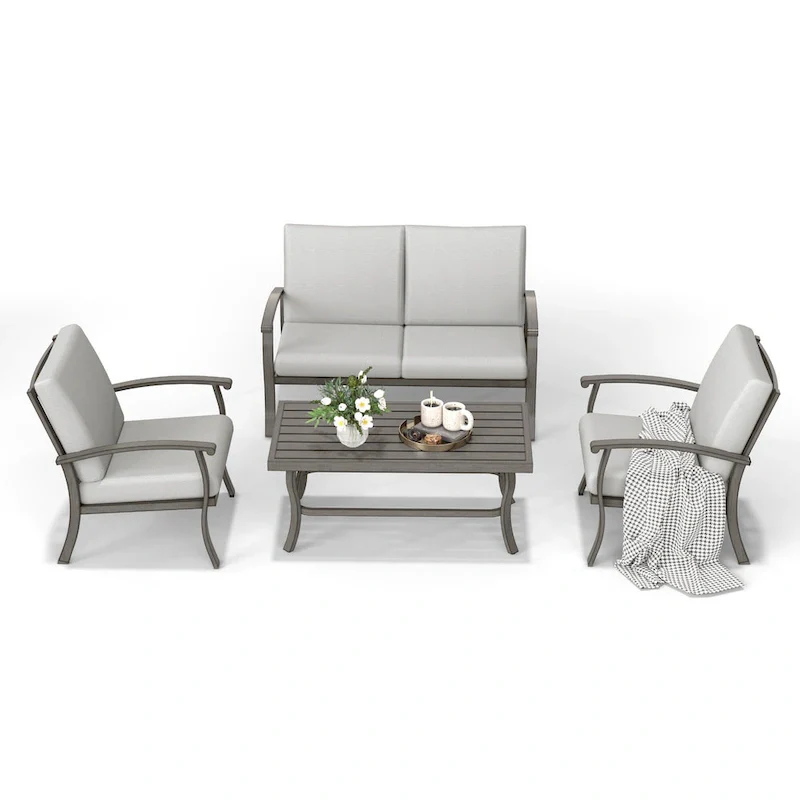 4-Person Aluminum Patio Conversation Set with Coffee Table, Loveseat and Light Gray Cushions
