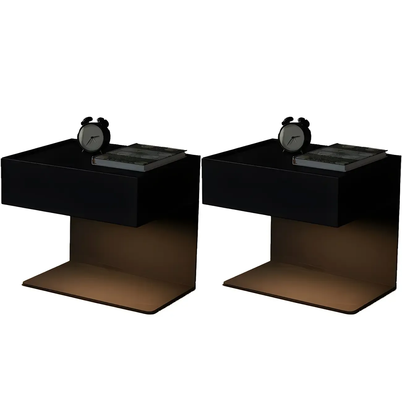 Black Steel Wood C-Shaped Drawer Nightstand with Light