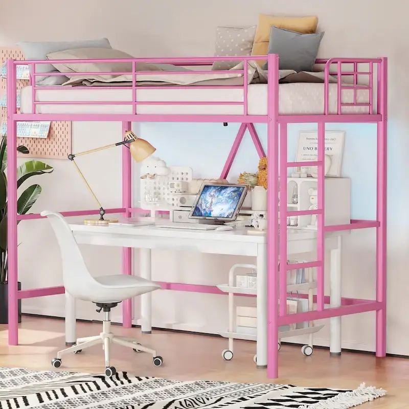 Twin Size Loft Bed Frame, Heavy Duty Metal Bed Frame with Full-Length Guardrail & Removable Stairs for Juniors&Adults