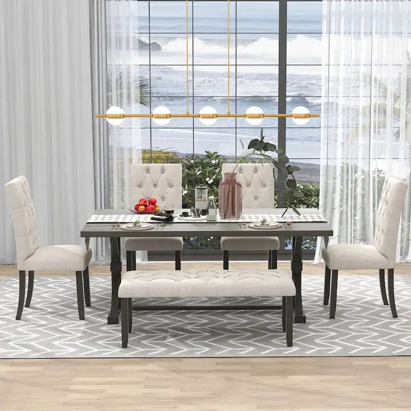 6-Piece Dining Table Set, 72 Rectangular Table, 4 Chairs with Bench