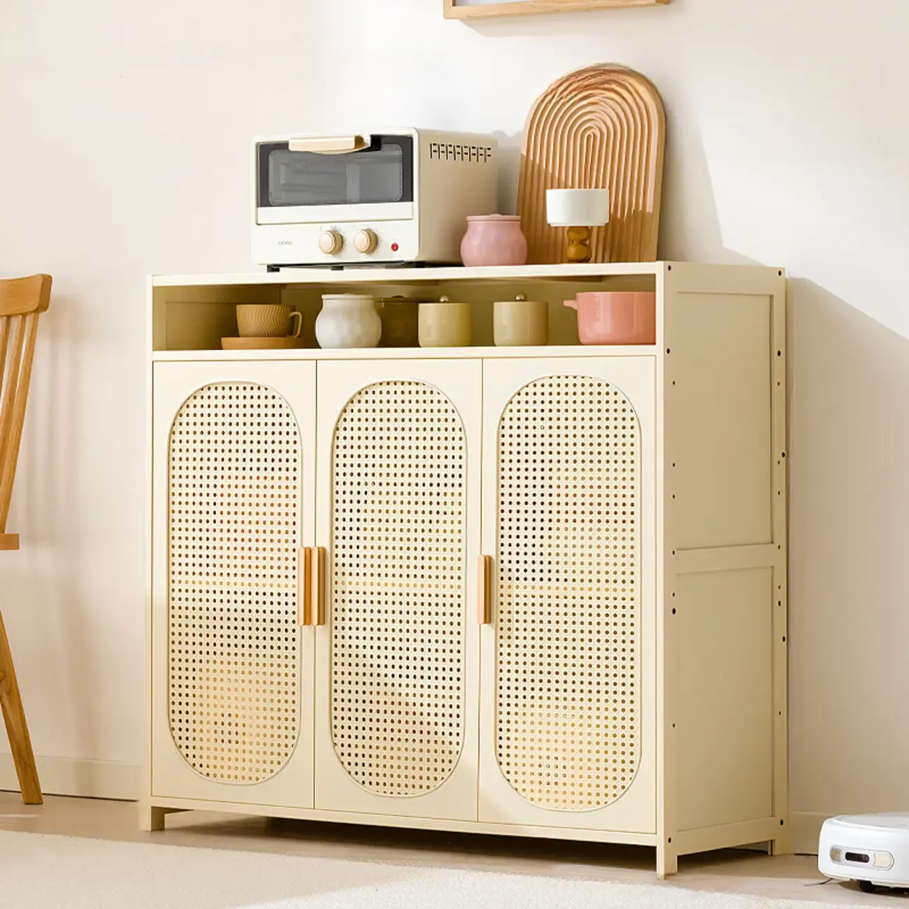 Narrow Rectangular Rattan Bamboo Sideboard with Open Shelf