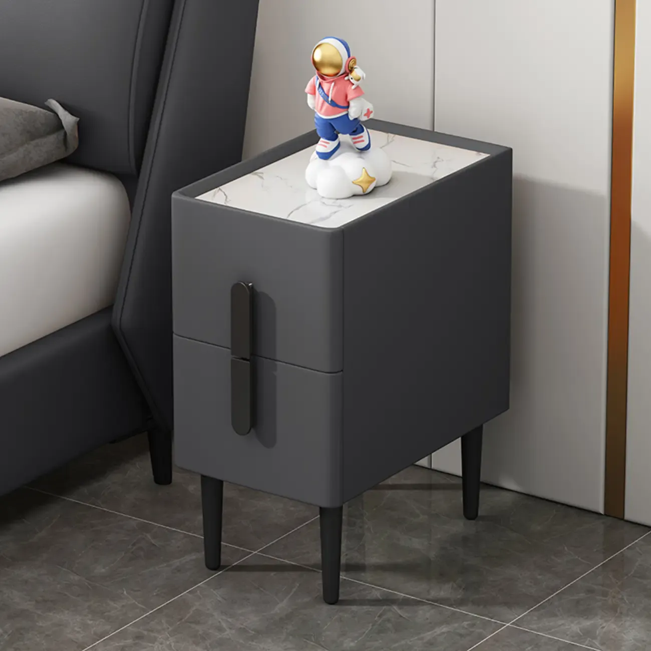 Trendy Gray Bedside 2-Drawer Nightstand with Stone Top