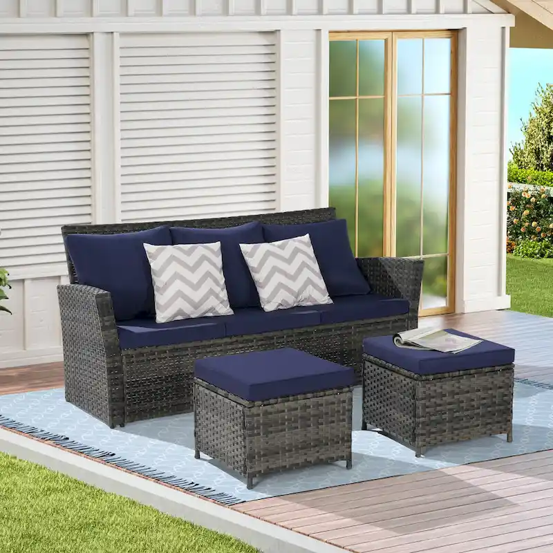 3 Piece Patio Furniture Set, Outdoor Wicker Sofa Rattan Patio Conversation Sets, All-Weather PE Wicker Furniture Sets