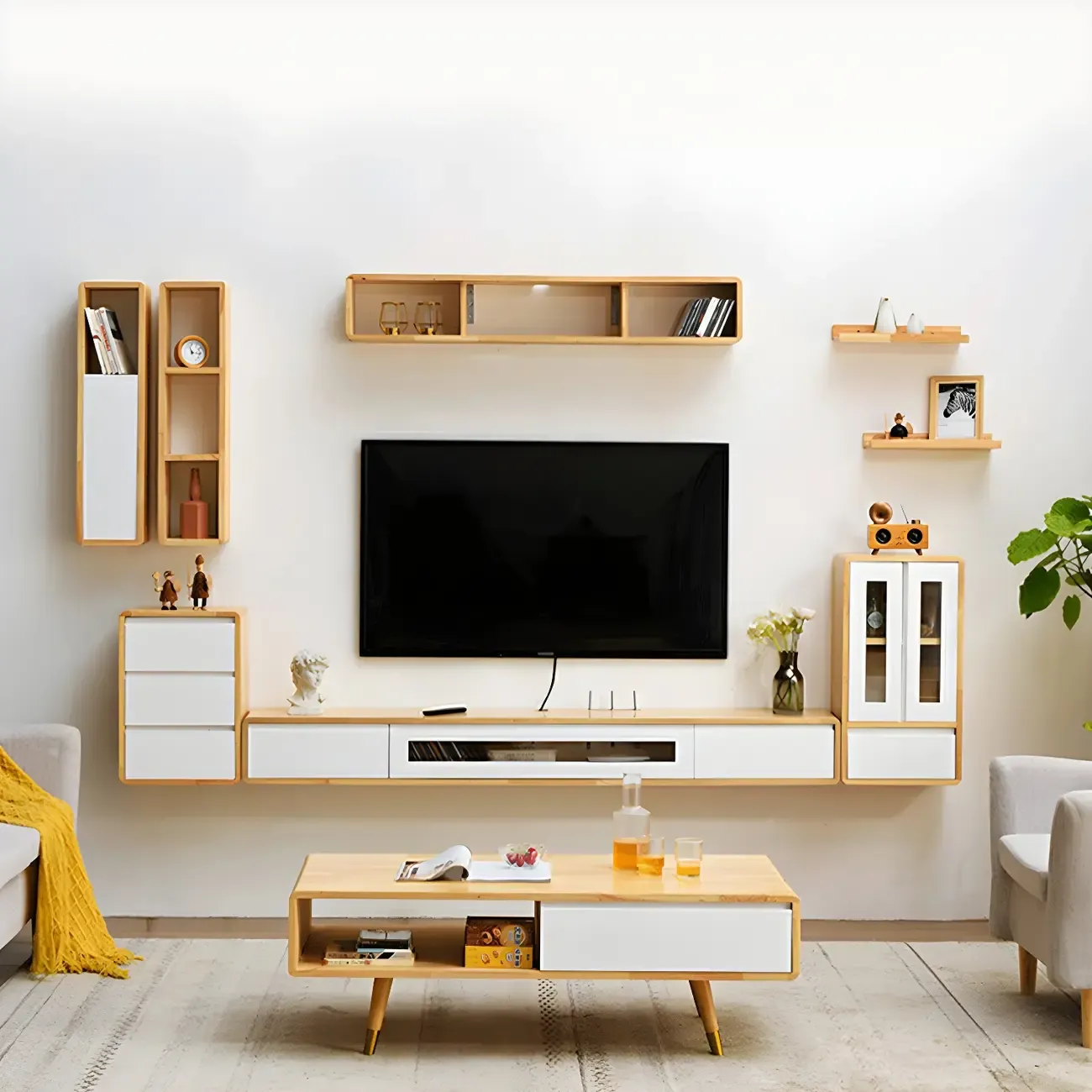 63 Natural Rubberwood Floating TV Stand with Hidden Storage