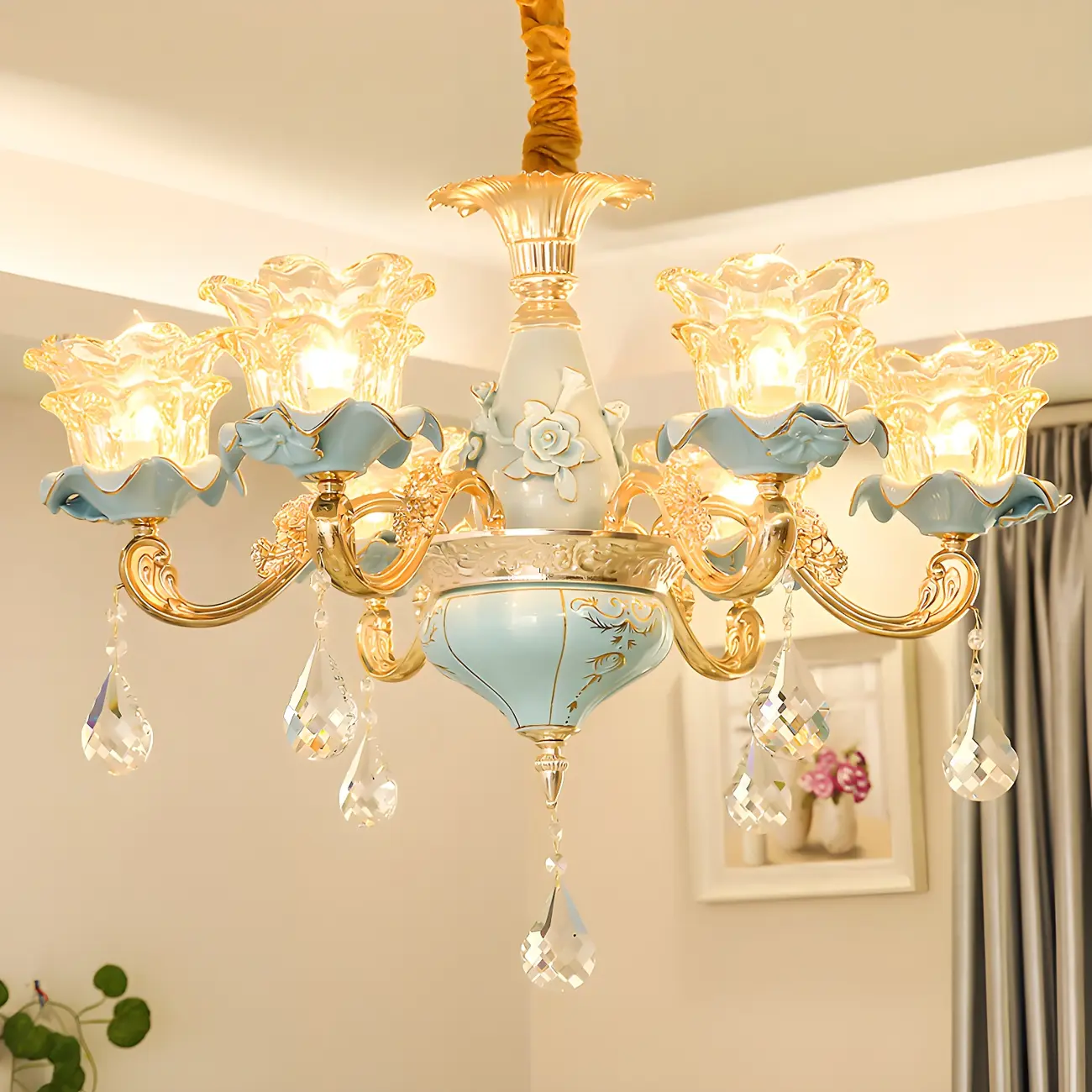 Vintage Living Room Gold Glass Flower Shape Crystal Pendant Chandelier