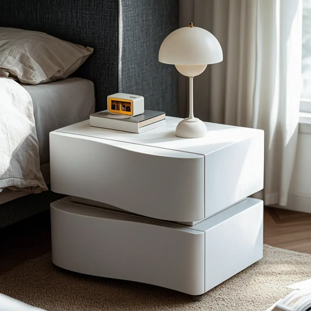 Stylish Solid Wood White Nightstand With 2 Drawer
