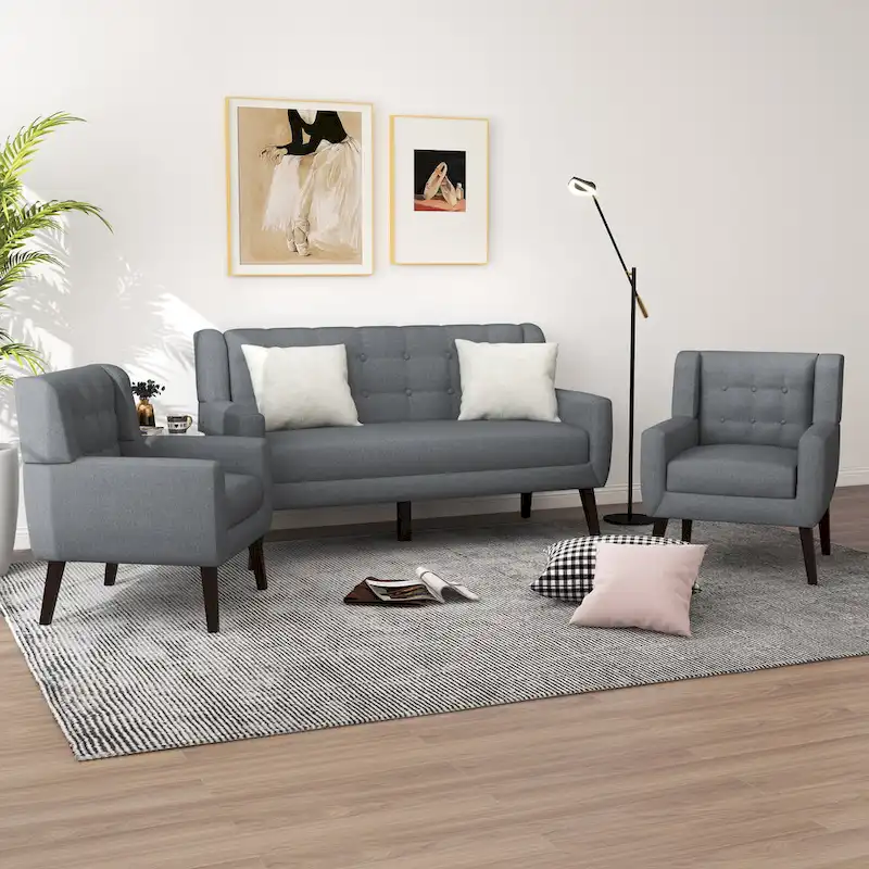 Tufted Linen/Cotton Loveseat with 2 Accent Chairs