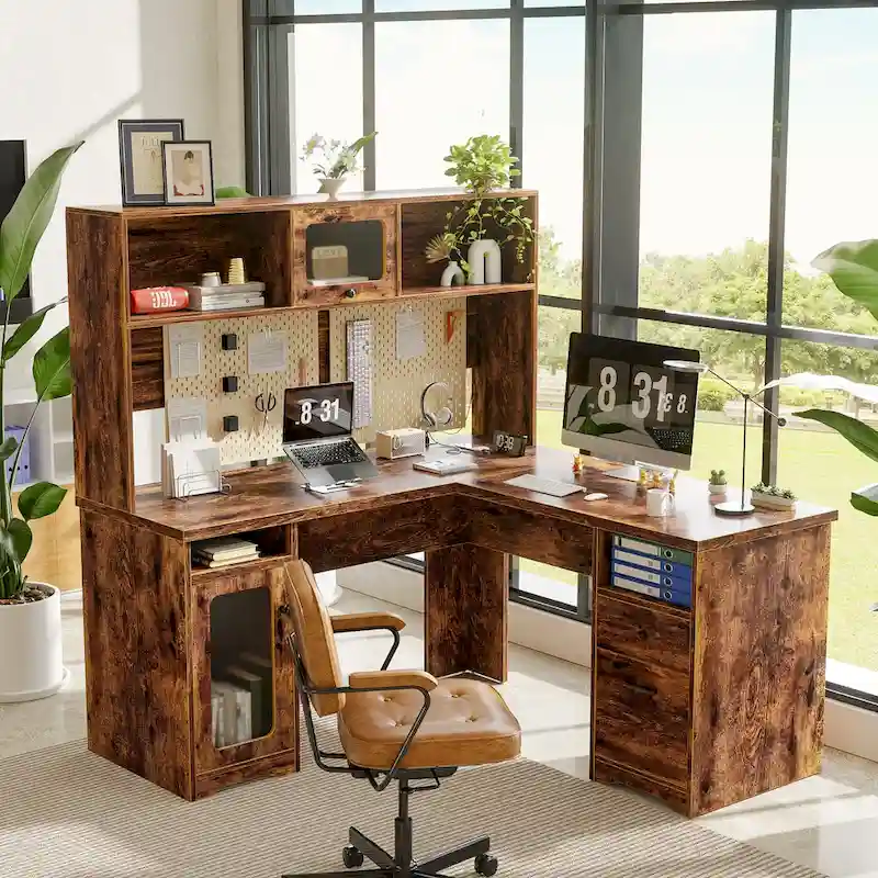 L-shaped Executive Desk Office Computer Table with Top Hutch and Charge Station