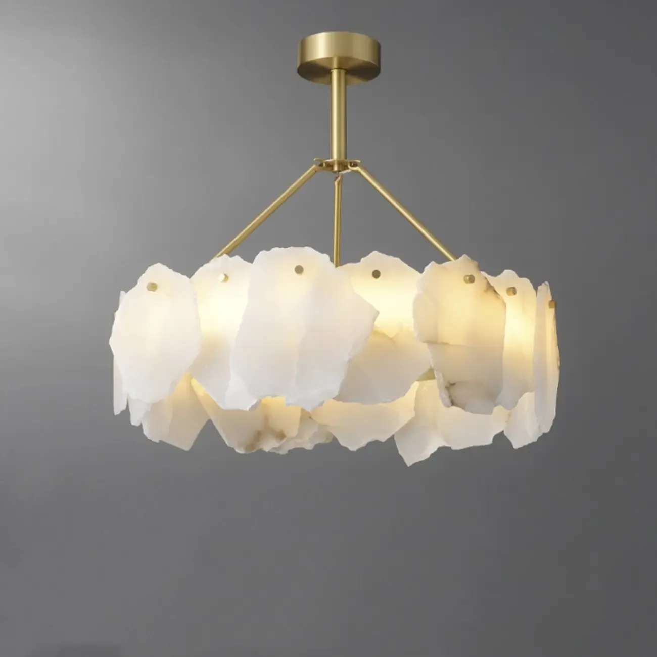 Brass Downrod Circular White Alabaster Chandelier
