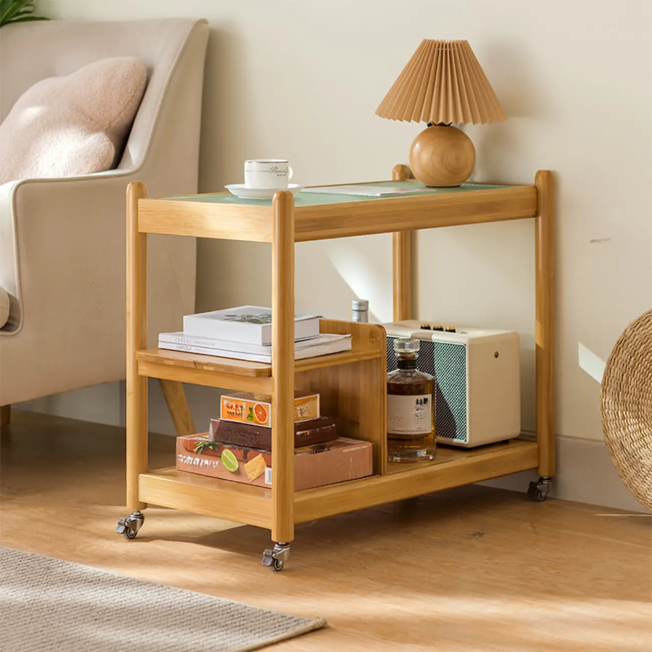 Rectangular Wide Nut-Brown Glass Top Side Table with Wheels