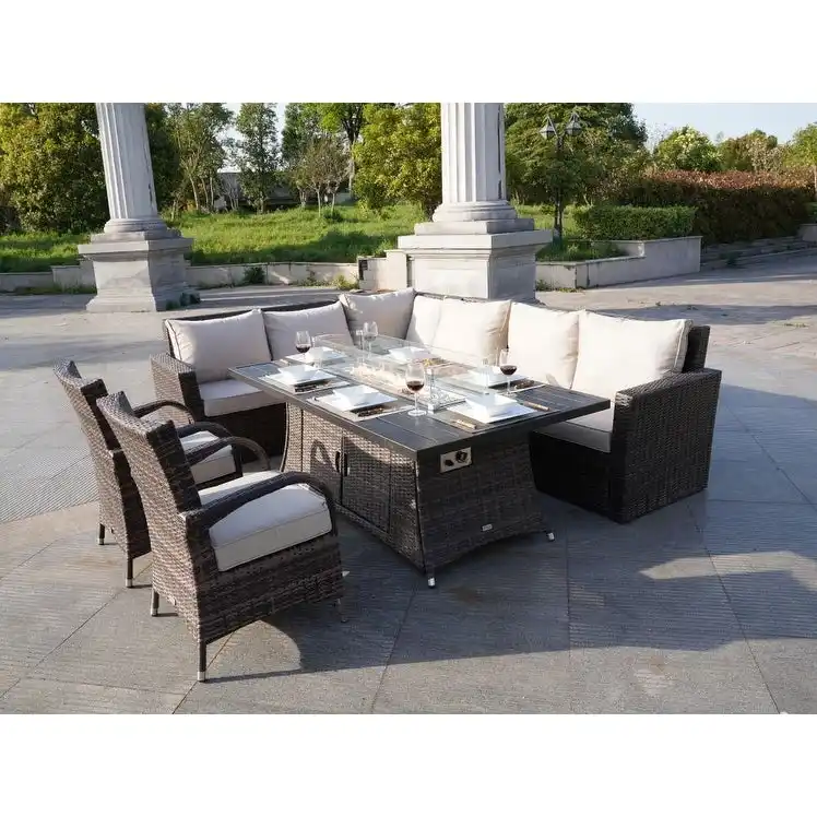 Patio Rattan Sofa Set with Alum Dining Table and Chairs