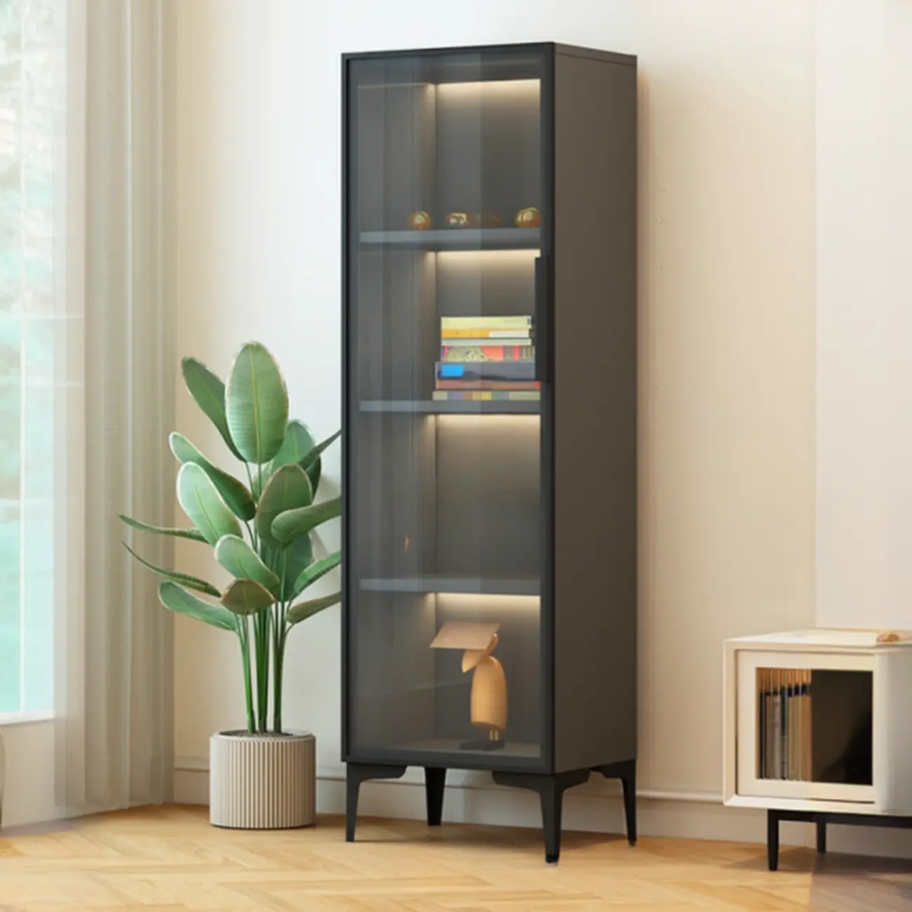 Modern Black Wood Clear Glass Lighting Display Cabinet