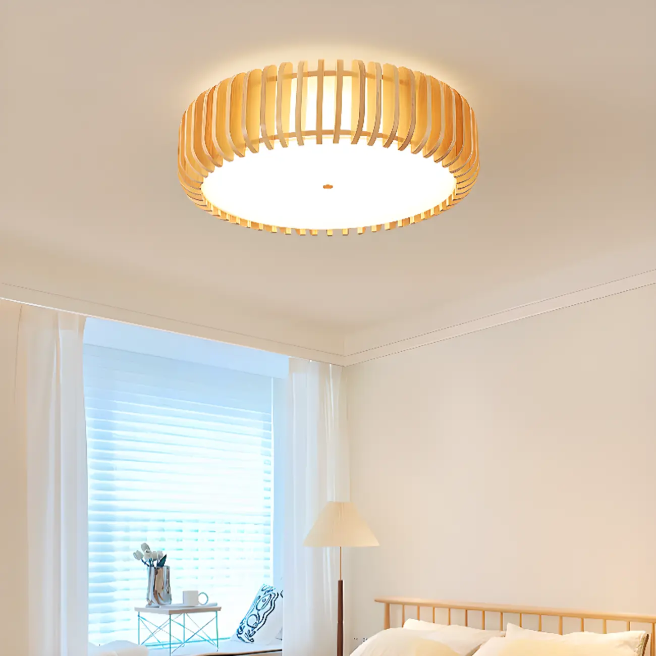 Natural Wood Circular Dimmable LED Flush Mount Ceiling Light