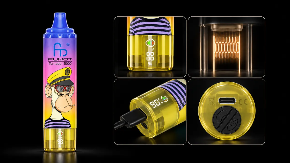 FUMOT Tornado 15000 Peach Blueberry Candy – Detailansichten von Display, Heizsystem, USB-C-Anschluss und Luftregulierung