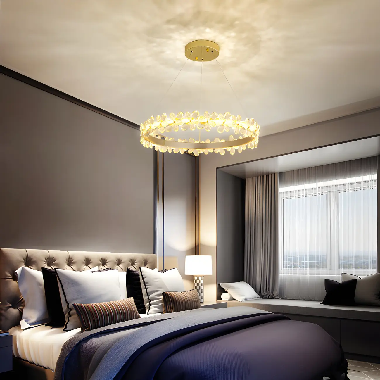 Modern Gold Dimmable LED Flower Crystal Ring Chandelier