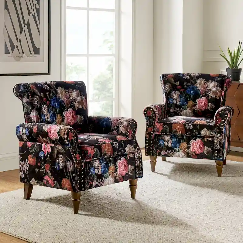 Nyctelius Traditional Polyester Accent Arm Chair with Pattern and Nailhead Trim Set of 2 by HULALA HOME