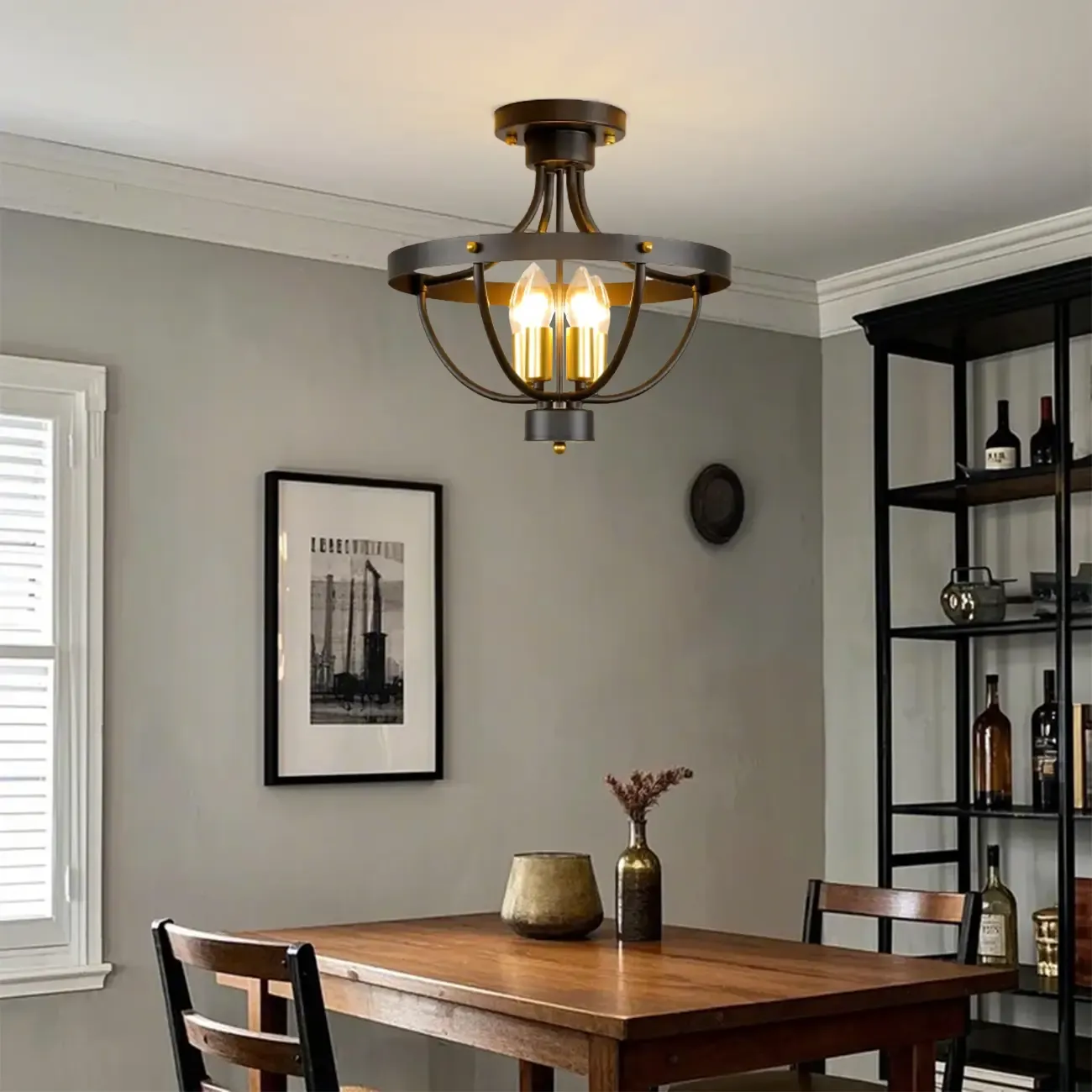 Industrial Cage-Shaped Semi-Flush Ceiling Light for Bedroom