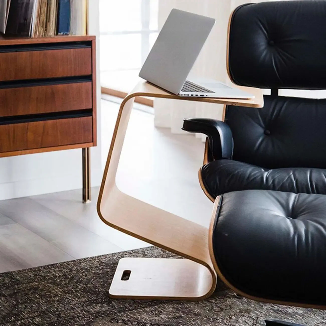 Convertible Wooden Nut-Brown C-Shaped Sofa Side Table