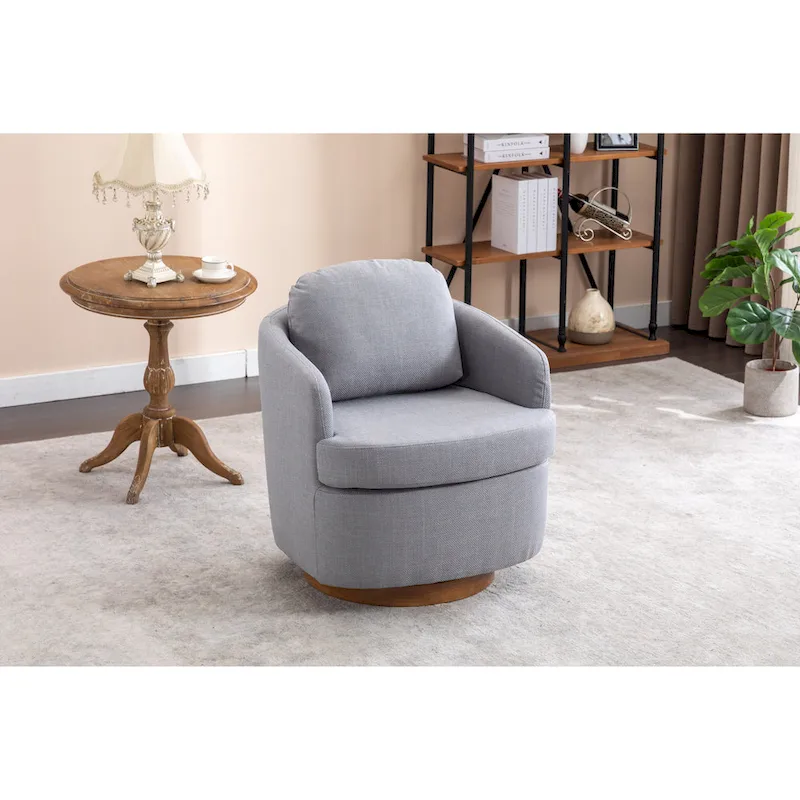 Light Blue Modern 30.3 Upholstered Swivel Accent Chair with Soild Wood Round Brown Base