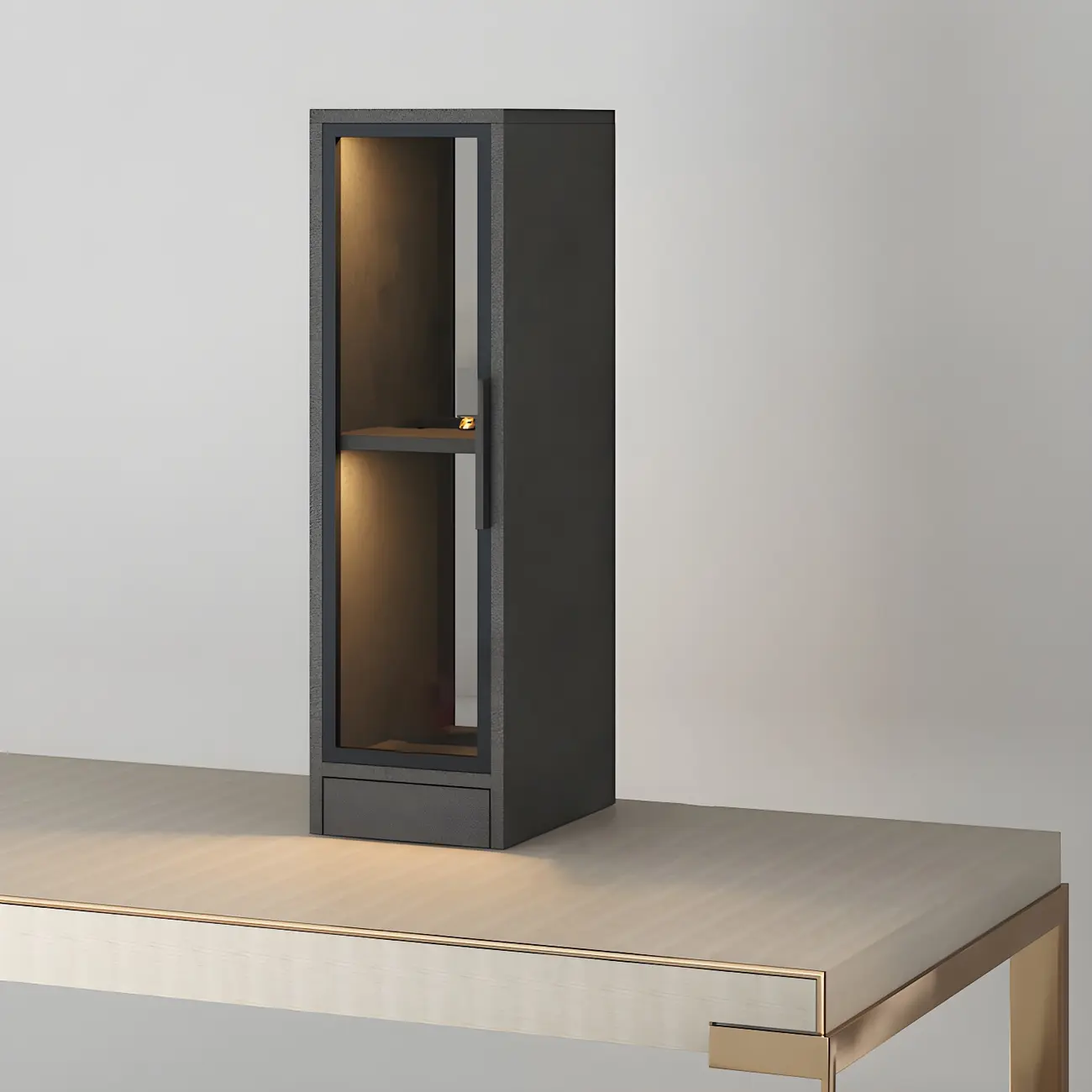 Square 2-Shelf Black Wooden Display Cabinet with Light