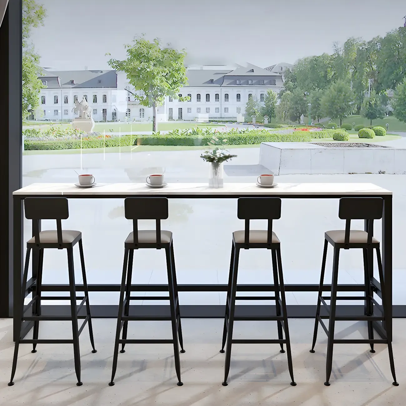 Rectangular White Marble Top Bar Tables with Iron Base